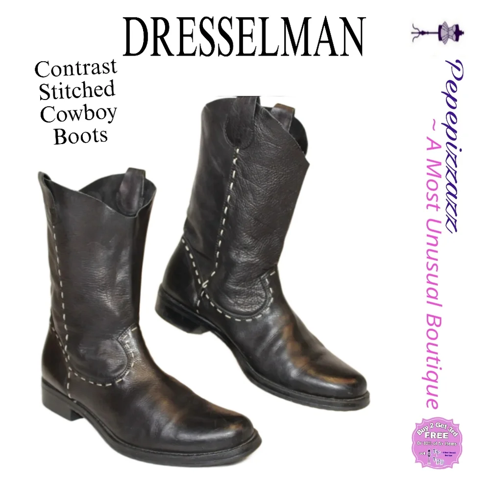 Dresselman Womens 39 9 Black Leather Top Stitched Western Cowboy Boots ♥️😍 - Picture 1 of 10